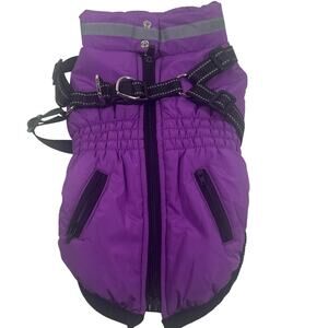 Small Dog Animal Winter Jacket with Built-in Harness Purple Reflective Stripe